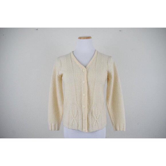 Vintage Cropped Cream Cardigan | 80's acrylic-wool cable knit sweater - Picture 9 of 10